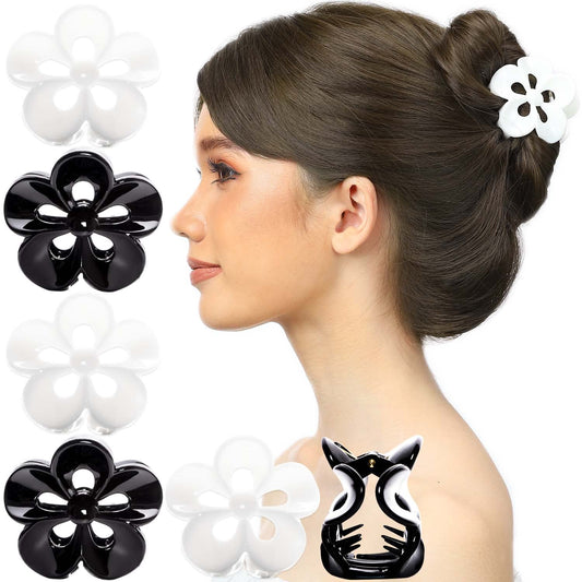 RC ROCHE ORNAMENT 6 Pcs Womens Hair Claw Jaw Clip Flower Floral Cute Pretty Girls Ladies Interlocking Teeth Strong Secure Hold No Slip Grip Clutch Clamp Beauty, Medium Black and White