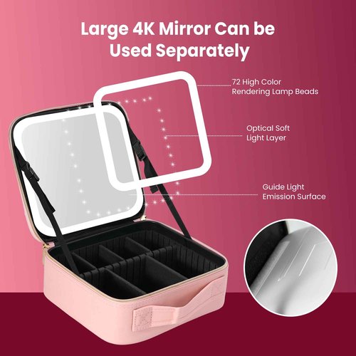 NHOPEJRJY Makeup Bag with Mirror and Light Travel Makeup Bag Makeup Train Case Cosmetic Organzier Portable Artist Bag with Adjustable Dividers Makeup Brushes Storage Organizer Gift for Women Pink