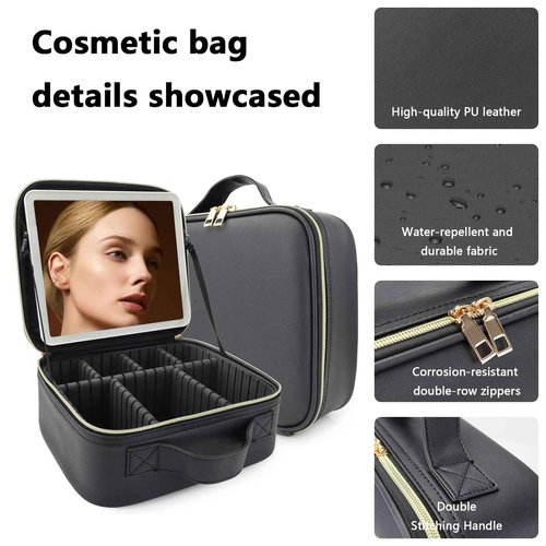 MORMID Travel Makeup Bag with LED Lighted Mirror, Travel Makeup Organizer,3 Color Setting Cosmetic Makeup Box, Adjustable Dividers and Brush Holder（black）