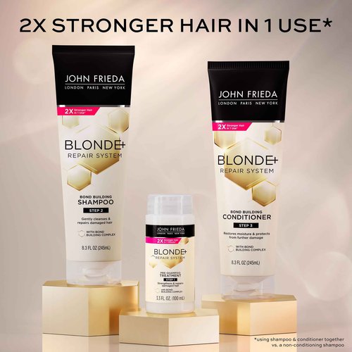 John Frieda Blonde+ Hair Repair System Bundle, Includes Full Repair System, Pre-Shampoo Treatment 3.3oz, Bond Building Shampoo 8.3oz, and Conditioner 8.3oz, Strengthens and Repairs Damaged Hair