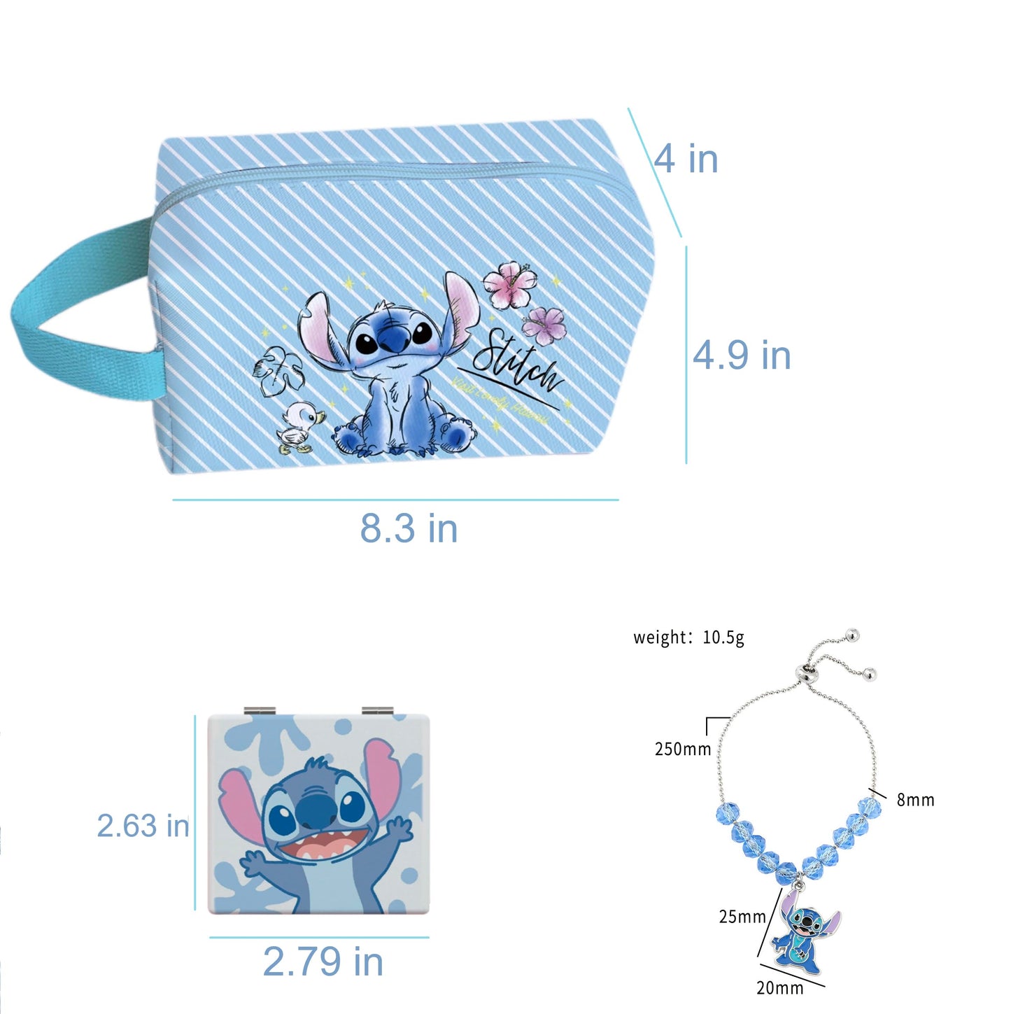 Stitch Travel Cosmetic Bag + Double Sided Cosmetic Mirror+Stitch Bracelet,.Large Capacity PU Bag. Stitch Stuff Gift. Foldable Makeup Accessories are Perfect Gifts for Girls and Women