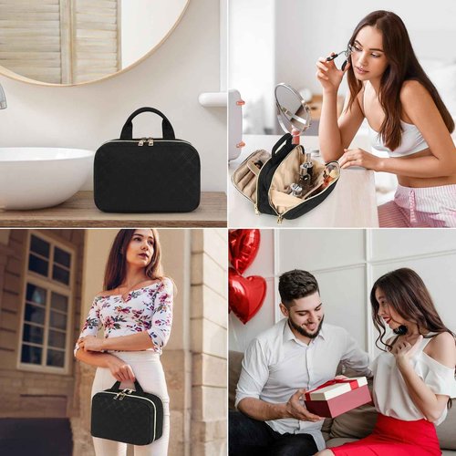 RAINSMORE Travel Makeup Bag Large Capacity Cosmetic Bag Waterproof Makeup Organizer Bag Wide Open Makeup Pouch with Handle Toiletry Bag Make Up Bag for Women Girl Black