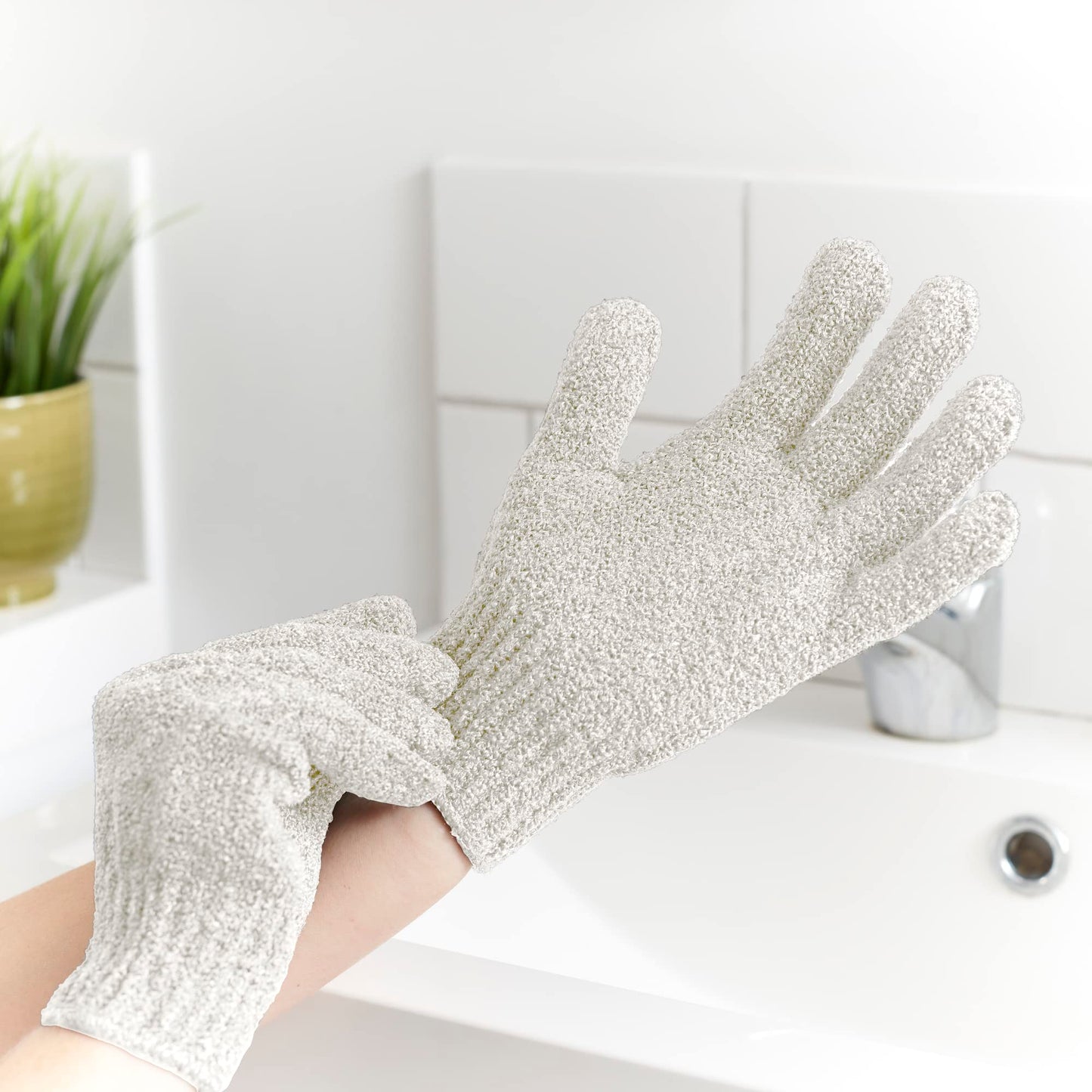 Temple Spring Exfoliating Gloves - Rayon Bamboo Bath/Shower Gloves, Bath Gloves for Shower Exfoliating and Ingrown Hair/Dead Skin Remover - Exfoliator Mitt Scrub Gloves - Off-White