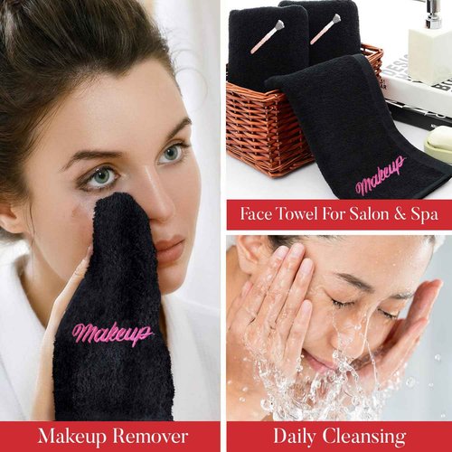 RIVERSIDE Black Makeup Towels - Pack of 6 (13x13) Soft Cotton Makeup Washcloths for Face - Reusable, Quick-Dry Makeup Remover Towels for Bathroom, Spa & Salon - Gentle on Skin - Brushes