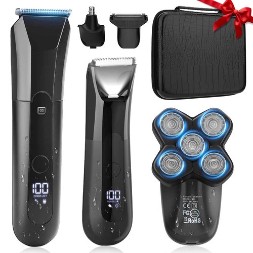 QREEYX Beard Trimmer for Men Groin & Body Hair Trimmer, Nose & Ear Clipper Head Razors for Bald Men, 5 in 1 Waterproof Manscape Kit with Travel Case, LED Display, Grooming Kit Gift for Him