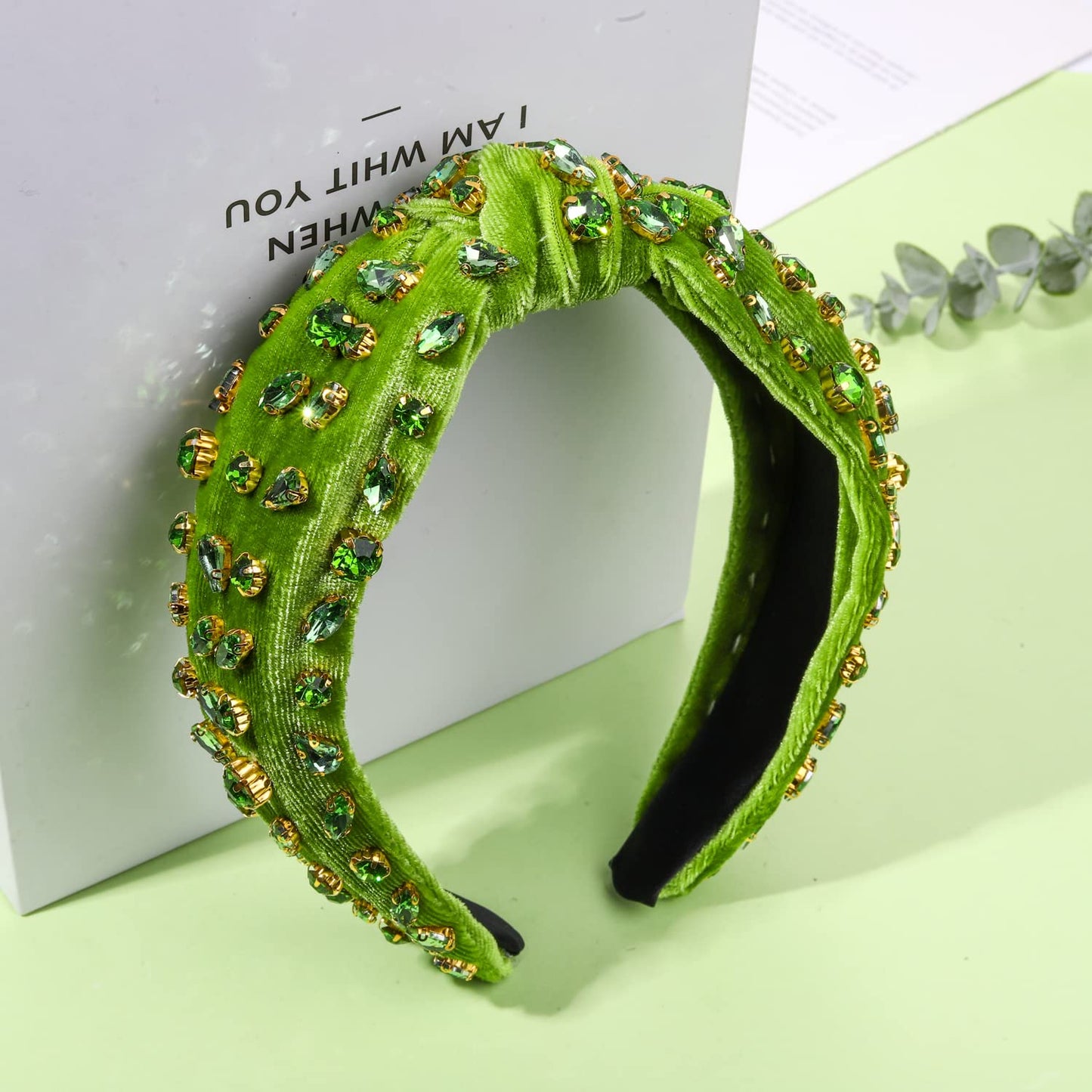 CENAPOG St Patrick's Day Rhinestone Knotted Headband for Women Green Crystal Embellished Hairbands Twist Turban Headband Elastic Wide Velvet Hair Hoop Party Holiday Headwear for Girls (Green)