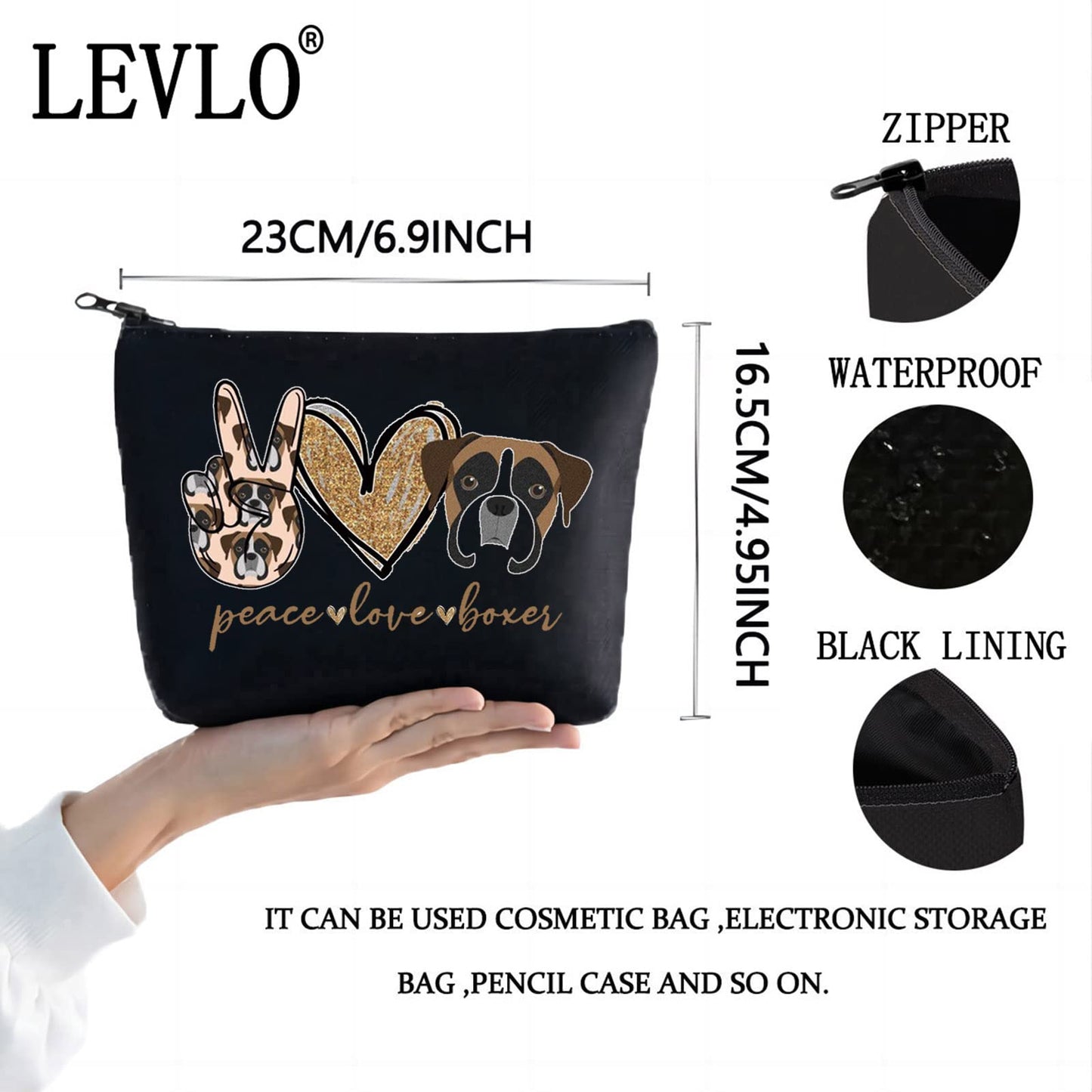 LEVLO Boxer Dog Cosmetic Make up Bag Dog Owner Gift Peace Love Boxer Makeup Zipper Pouch Bag Boxer Dog Lover Gift (Peace Boxer Black)