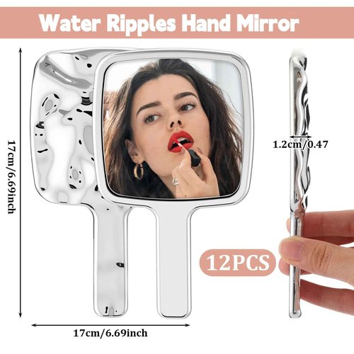 Geetery 12pcs Handheld Mirror Bulk Water Ripples Hand Mirror with Handle for Make up Square Silver Small for Cosmetic Bathroom Home Barber Salon Travel Portable Beauty School Gift