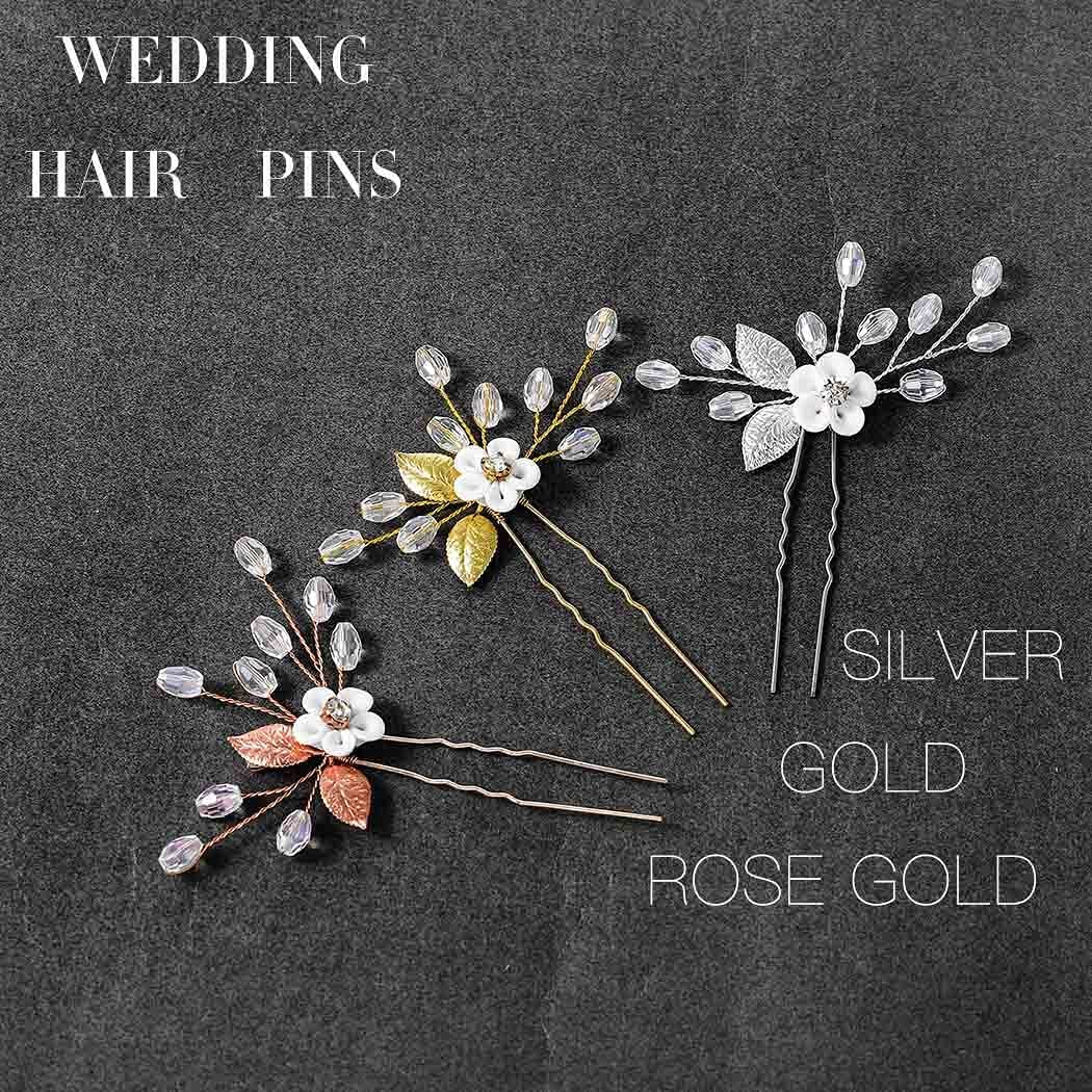 Latious Flower Bride Wedding Hair Pins Rose Gold Leaf Hair Clips Floral Hair Piece Bridal Hair Accessories for Women and Girls (Pack of 3) (Rose Gold)