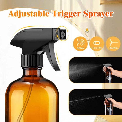 Tioncy Empty Amber Glass Spray Bottles with Labels 2 Pack Large 16oz Refillable Bottle for Essential Oils Plants Cleaning Solutions Hair Mister Adjustable Nozzle(Kitchen Cleaner and Bathroom Cleaner)