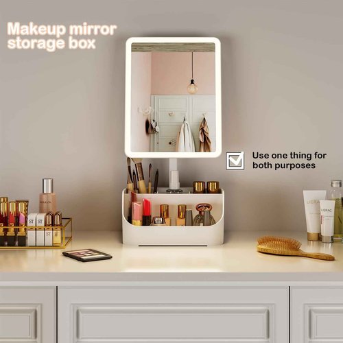 Rechargeable Makeup Mirror Organizer with LED Lights & 20X Magnification, Large Capacity Cosmetic Display Case for Skincare & Makeup Brushes, Countertop Vanity Organizer for Bedroom, Bathroom (Cream)