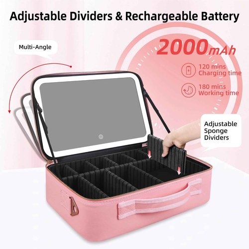 saiggnyy 15"×11" Large Pink Makeup Bag with Mirror, Personal Item Travel Bag with Makeup Mirror 3 Lights, Waterproof Train Case with Mirror and Adjustable Dividers,Professional Lighted Makeup Case