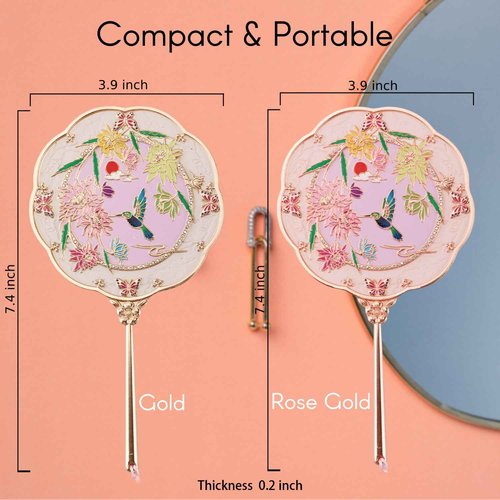 Dsgvw Hand Mirror, Handheld Mirror with Hummingbird Embossed Patterns, Elegant Metal Hand Craft Makeup Mirror, Beautiful Gift Value, Compact and Portable (Hummingbird Gold)