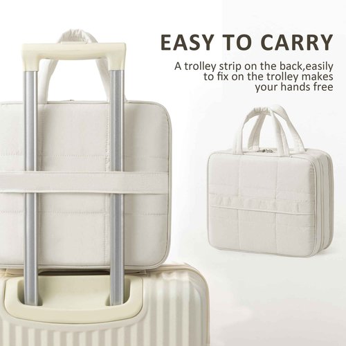 HBlife Travel Toiletry Bag with Jewelry Organizer for Women, Puffy Hanging Travel Bag for Toiletries with Trolley Belt, Waterproof Makeup Cosmetic Bag, Travel Accessories Essentials(Beige, L)