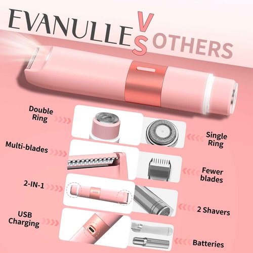 Bikini Trimmer for Women - 2 in 1 Painless Electric Razors for Women, IPX7 Waterproof Rechargeable LED Dual Head Electric Shaver for Lady Bikini Underarm, Body, Leg, Face Hair Remove - Pink