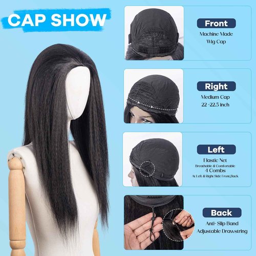 Prosa Kinky Straight synthetic Hair Half Wig, 3-in-1 Glueless Clip In Drawstring Headband Wig, Seamless Flip Over Style for Women 1B (22inch)