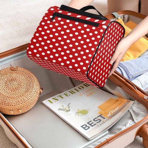 White Polka Dot Red Background Toiletry Bag for Women, Hanging Travel Toiletry Bag, Water-resistant Cosmetic Makeup Organizer for Toiletries and Cosmetics, Bathroom Shower Bag with Handle and Hook