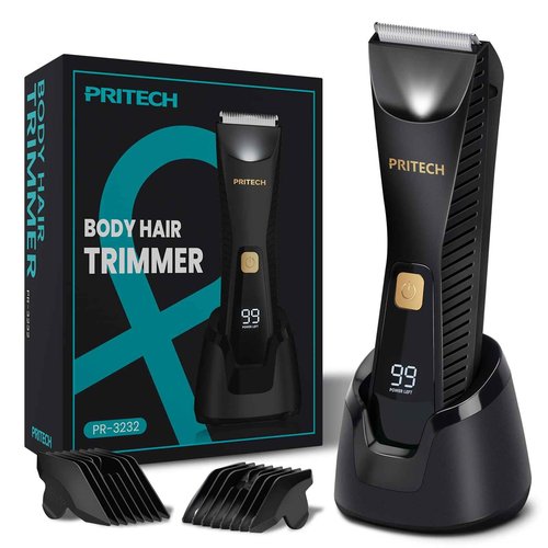 PRITECH Body Hair Trimmer for Men - Waterproof Pubic Hair Ball Trimmer, Ceramic Blade Body Shavers for Men with USB-C Charging, Wet & Dry Use & Nick-Free Design, Sensitive Skin Safe (Black)