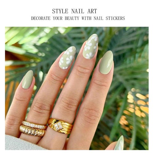JMEOWIO Gel Nail Stickers White Flower Light Green Semi Cured Gel Nail Strips Wraps UV/LED Nails Art Design Decoration Accessories