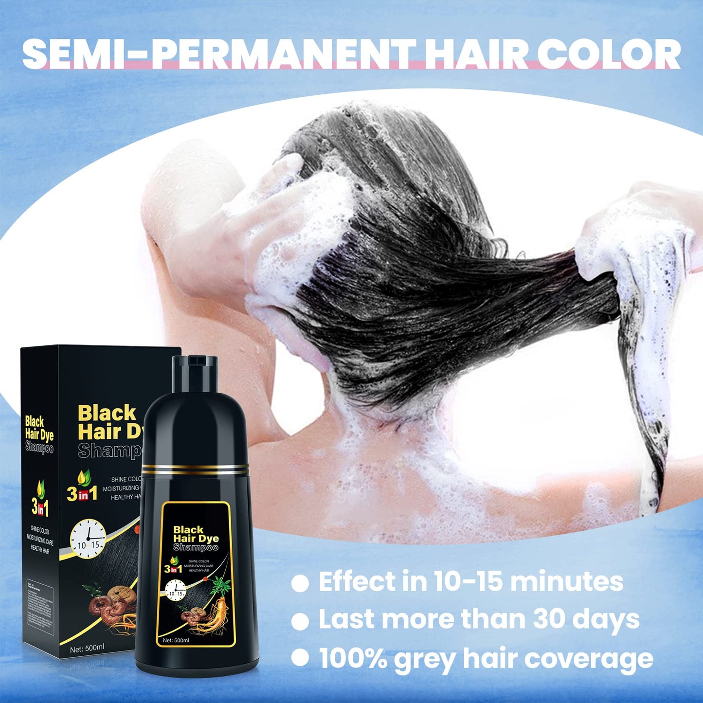 JUANCHI Hair Dye Shampoo 3 in 1 for Gray Hair, Hair Shampoo Organic Natural Hair Dye Shampoo for Women Men (Black)