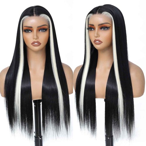 TAGUO Glueless 7x5 Lace Front Wig for Women Skunk Stripe Wig Synthetic Lace Wig Pre Plucked HD Lace Straight Wig Ready to Wear Long Straight Black and Blonde Wig 26inch