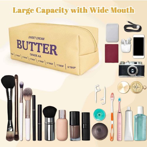 dadop Yellow Cute Makeup Bag Travel Cosmetic Bags, Funny Butter Toiletry Bags Make Up Unique Pouch Bag Leather With Zipper For Girls Boys Women Butter Lover prank Gifts