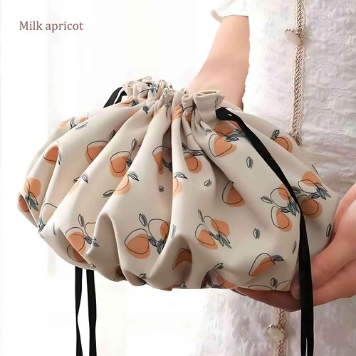 YoyoZest Large Capacity Drawstring Makeup Bag -Waterproof Oxford Cloth, Floral & Fruit Print, Multiple Inner Pockets, Lightweight & Portable for Travel & Daily Use (Milk Apricot)
