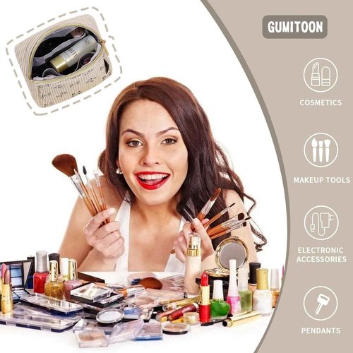 GUMITOON Small Makeup Bag Pouch for Purse Cute Cat Corduroy Mini Cosmetic Bag for Women with Slip-in Pockets Sanitary Napkin Pouch,Beige