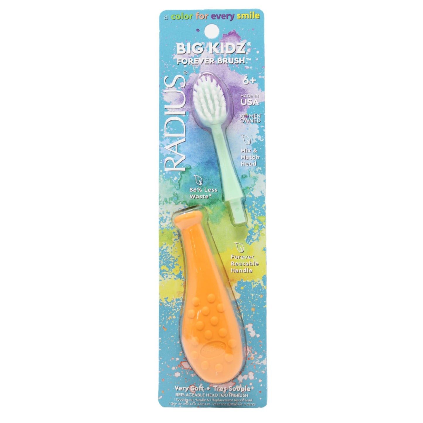 RADIUS Big Kidz Forever Brush with Replaceable Head Toothbrush for Children, 6 Years and Up, BPA Free ADA Accepted for Growing Teeth and Gums - Right and Left Handed, Extra Soft