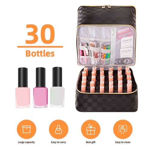 KGMCARE Portable Nail Polish Organizer Bag with UV Light Case - Holds 30 Bottles and 1 UV Nail Lamp, Double-Layers Nail Dryer Case for Gel Nail Polish Kit, Nail Art Decorations（Checkered Black）