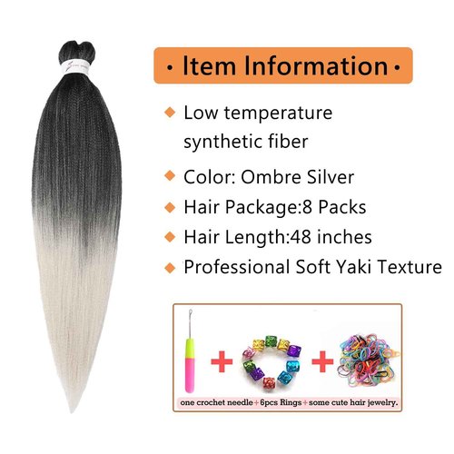8 Packs Pre Stretched Braiding Hair, 48 Inch Braiding Hair Pre Stretched Yaki Texture, Hot Water Setting, Easy To Install Professional Synthetic Ombre Braiding Hair(1B/Silver)