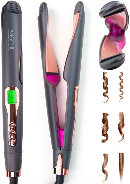 ANGENIL Pro Twist Ceramic Flat Iron 1 Inch, Dual Voltage Hair Straightener and Curler 2 in 1, Multi-Stylers Round Flat Iron Hair Curling Iron, Fast Heating LCD Display, 11 Adjustable Temp (250℉-450 ℉)