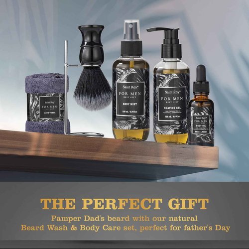 Fathers Bath and Body Gift Set, Birthday Gifts for Men Basket Spa Gift Set for Him Beard Shaving Kit Men's Beard Kit Brush Face Care Perfume Spa Kit, Beard Brush Rack, Christmas Gifts for Dad son Man