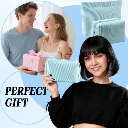 URSKYTOUS 2Pcs Makeup Bag Set for Women Large Small Striped Makeup Bags Cute Travel Toiletry Bags with Zipper Blue Cosmetic Bag Aesthetic Cosmetic Purse Pouch Skincare Brushes Storage Organizer