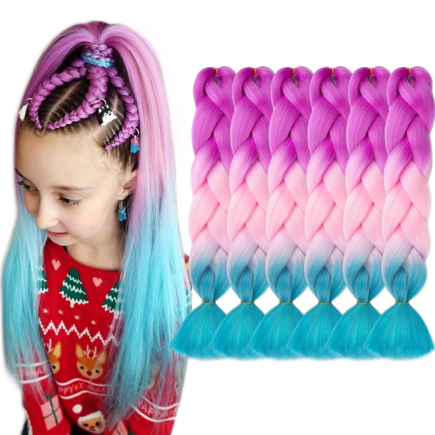 MAYSA Pink Ombre Braiding Hair, Rainbow Braiding Hair Extensions, 6Pack 24inch Soft Synthetic Pre stretched Braiding Hair Extensions for Kids #Rose-Pink-Teal