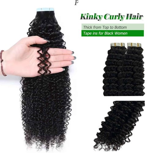 Curly Tape in Human Hair Extensions for Black Women, Kinky Curly Tape in Hair Extensions 50grams 20pcs Full Head Real Human Hair Kinky Tape ins Extensions 20 Inch Natural Black