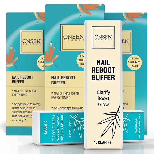 Onsen Secret Professional Nail Buffer Block | 4-Way Buffing for Natural Shine & Healthy Natural Nails - Includes 2 Extra Shine Pads, Salon-Quality, Post-Gel & Acrylic Recovery | 3 Pack