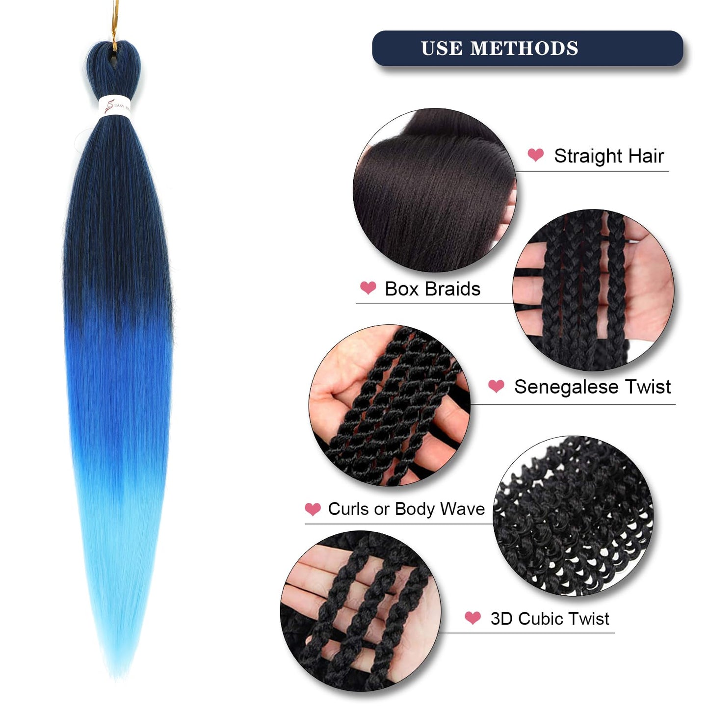 Braiding Hair Pre-Stretched Braiding Hair - Ombre PreStretched Braiding Hair Colored Hair Extensions for Braids Crochet Hair For Black Women (26 Inch(8Packs), 1B/Dark Blue/Light Blue)