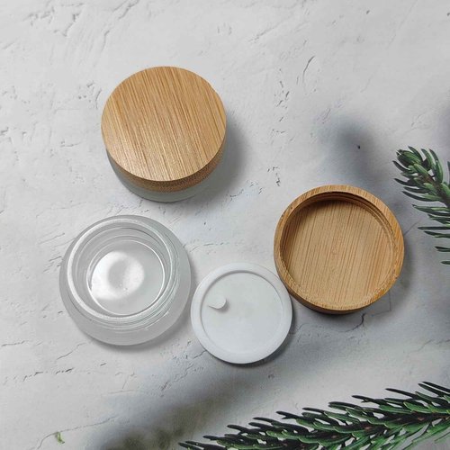 2PCS 5g/5ml/0.17oz Empty Upscale Frosted Glass Cream Jar Bottle Cosmetic Dispenser Refillable Container Pot Vial Holder Sample Storage with Eco Bamboo Lid For Eye Cream Lotion Ointments Lip Balm