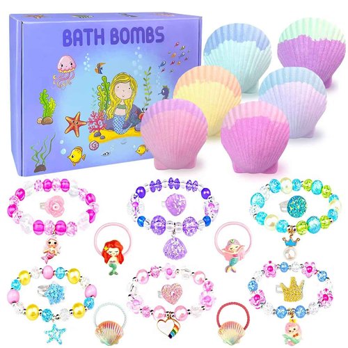 Mermaid Bath Bombs for Kids with Surprise Inside, 6 Pcs Shell Bubble Kids Bath Bombs Kit with Mermaid Toys, Birthday Christmas Jewelry Gifts for Girls Easter Basket Stuffer