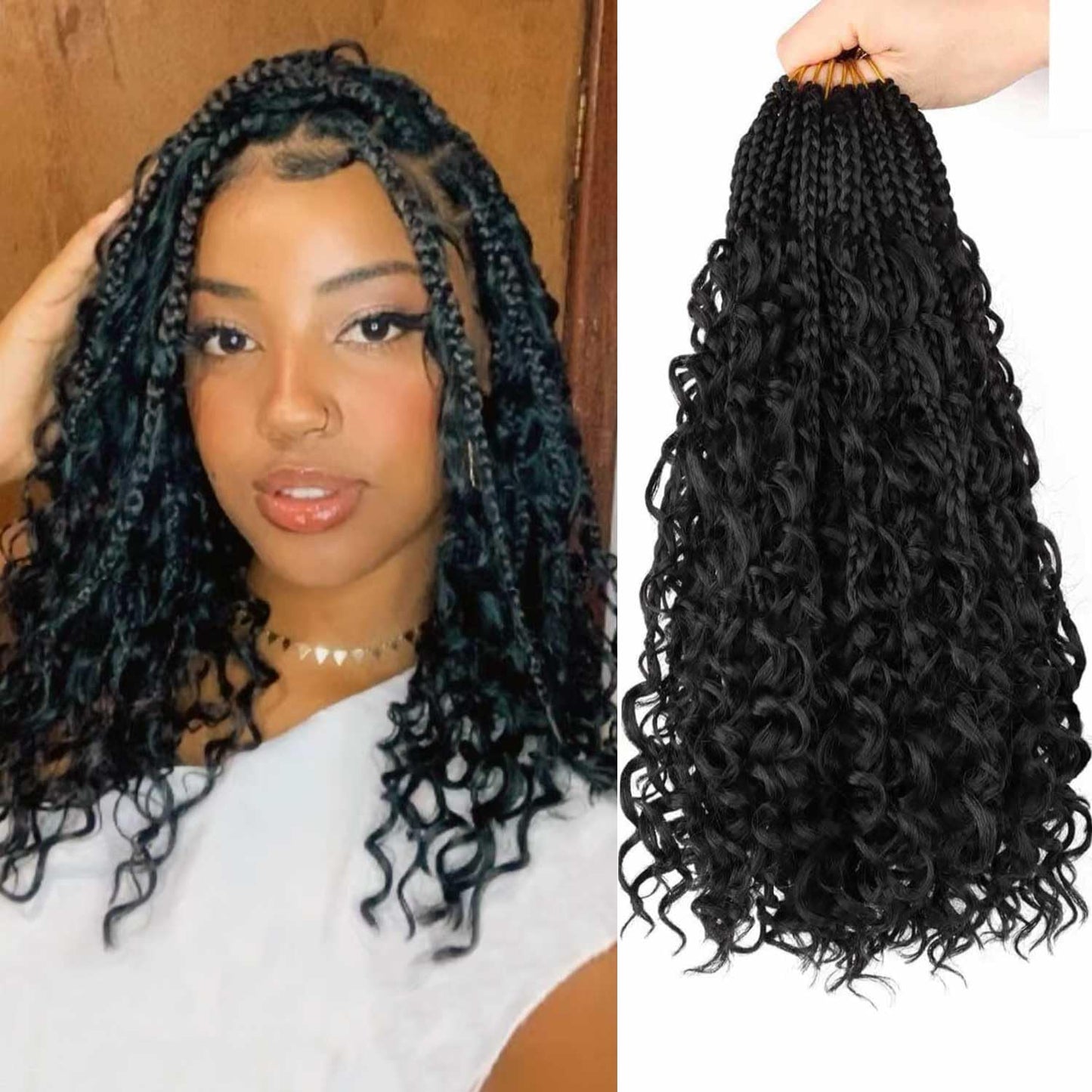 8 Packs Goddess Box Braids Crochet Hair 14 Inch Crochet Box Braids with Curly Ends Boho Braids Bohemian Box Braid Hair for Women (1B, 14 inch 8 pack)