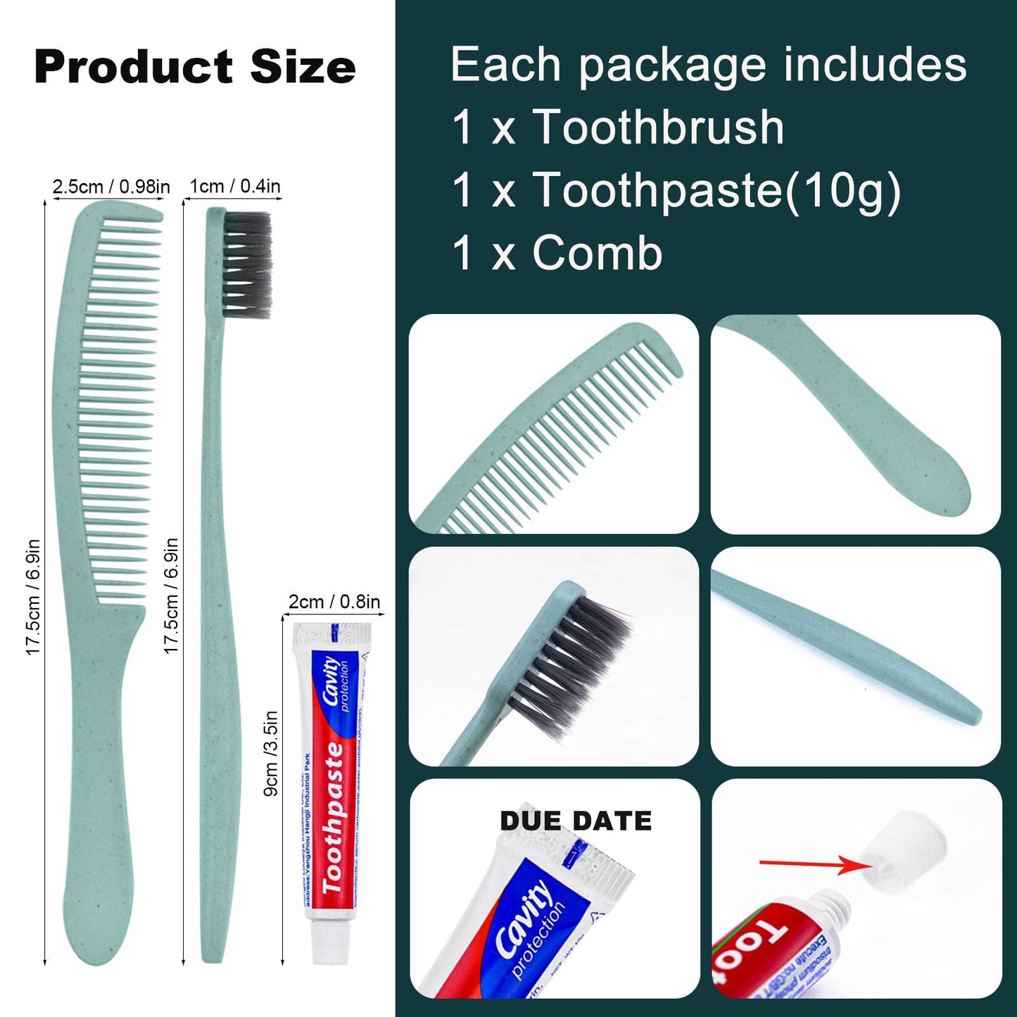 FAOEHN 10 Pack Green Disposable Toothbrushes with Toothpaste and Comb Set,10g Toothpaste,7inch Hair Comb,Individually Wrapped Disposable Travel Size Toothbrushes in Bulk for Homeless,Airbnb,Hotel