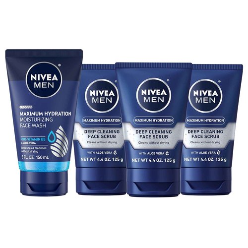 NIVEA MEN Maximum Hydration Moisturizing Face Wash (5 Fl Oz) + Maximum Hydration Deep Cleaning Face Scrub (3 x 4.4 Oz), Skin Care Set for Men with Aloe Vera
