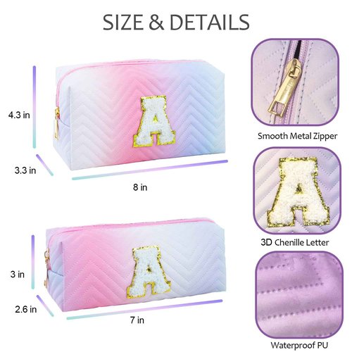 2-Pack Quilted Makeup Bag Set – Cute Cosmetic Pouch for Travel, Toiletries, Purse & Organizer – Large Small Zipper Makeup Bags, Personalized Initial Gift for Women, Teens, Girls, Pink M