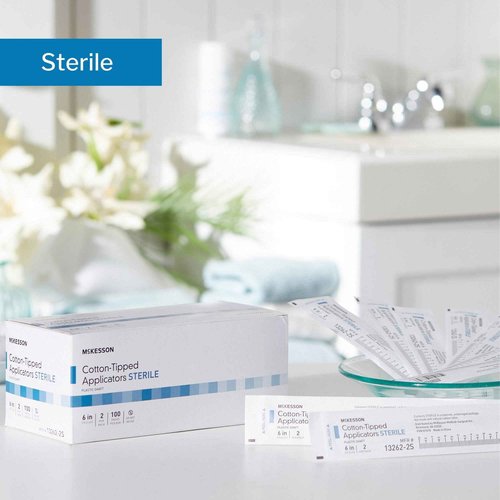 McKesson Cotton Tipped Applicator, 6 in [200 Count] Long Sterile Medical Swabs, Individually Wrapped, Plastic Shaft