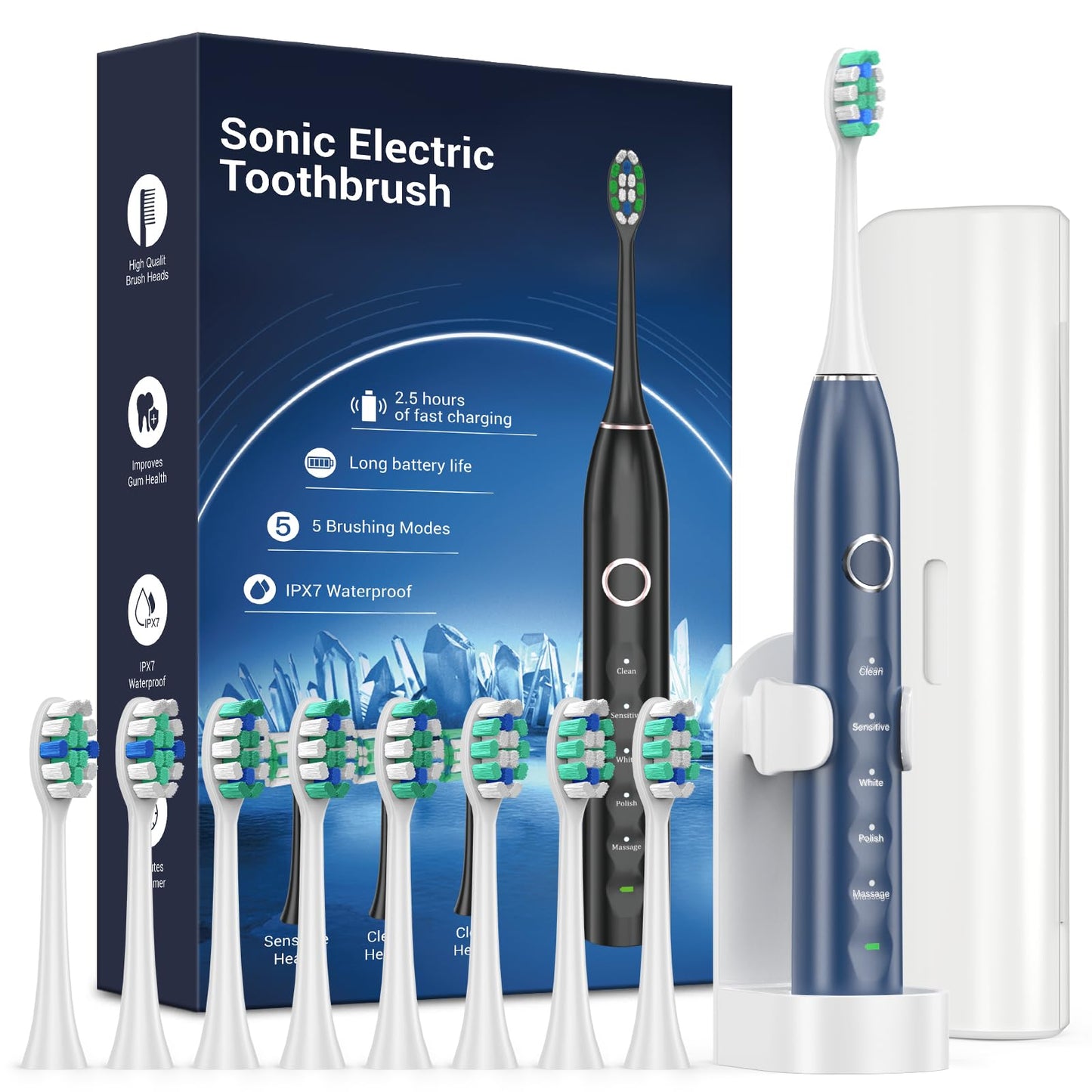 Rtauys S5 Electric Toothbrush Set IPX7 with 8 Brush Heads, Sonic Toothbrush for Adults Rechargeable with Travel Case, 2.5 Hours Charge for 120 Days, 5 Modes with 2 Minutes Built in Smart Timer Blue