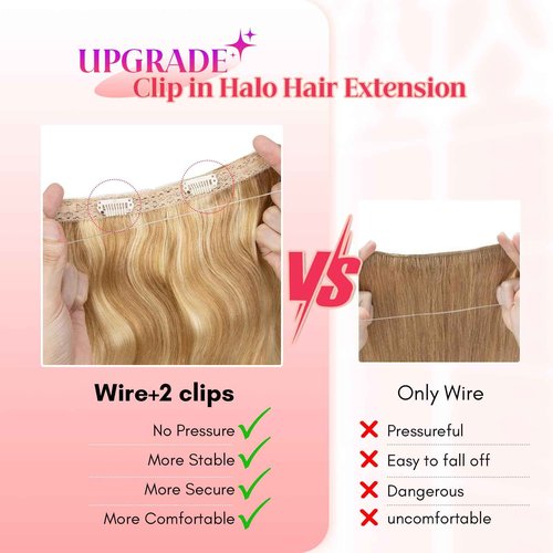 Rich Choices Halo Hair Extensions Real Human Hair Wave Wire In Hair Extensions Human Hair One Piece Clip in Human Remy Hair Halo Hair Extension 12 Inch #18P613 Ash Blonde Mixed Bleach Blonde