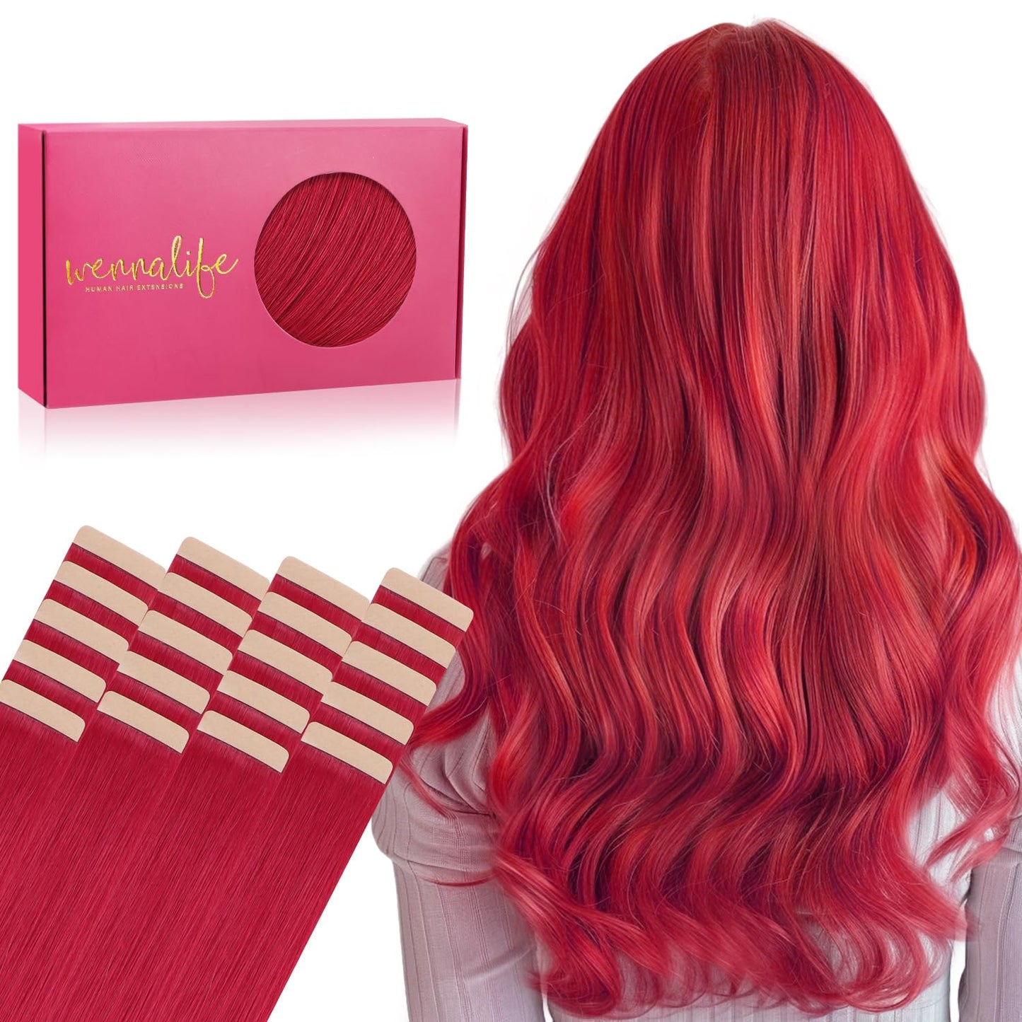 WENNALIFE Tape in Hair Extensions Human Hair, 20pcs 50g 22 inch Red Remy Hair Extensions Straight Human Hair Tape in Extensions Skin Weft Tape Extensions Human Hair