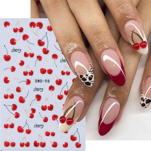 Cherry Nail Stickers Fruit Nail Decals 5D Embossed Fruit Design Sticker 3PCS Self-Adhesive Summer Nail Art Supplies Nail Manicure Accessories Slider Cherry Stickers for Women Nail Art Decorations