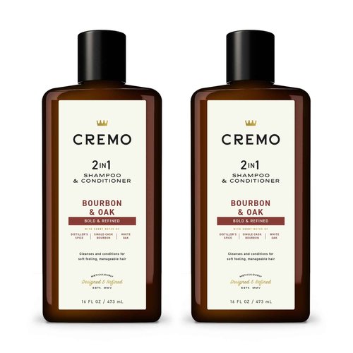 Cremo Bourbon & Oak Barber Grade 2-in-1 Shampoo & Conditioner, 16 Fl Oz (2-Pack) - A Sophisticated Blend of Distiller’s Spice, Fine Bourbon and White Oak
